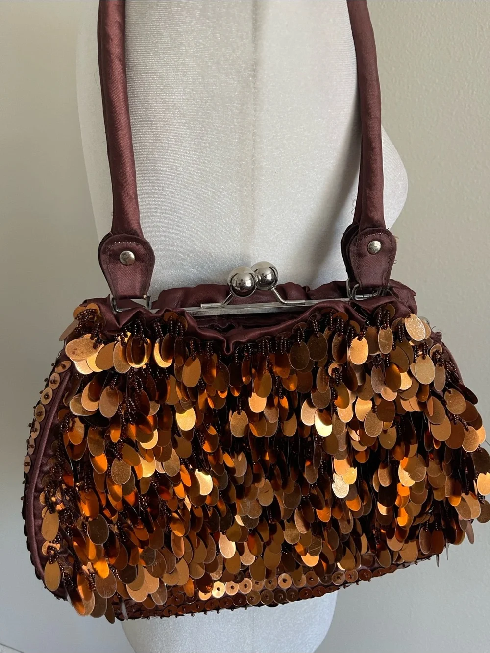 Sequined Brown Evening Handbag with Top Handle
